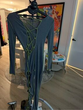 Fashion Nova Olive Green Ribbed Long-Sleeve Jumpsuit with Lace-Up Back